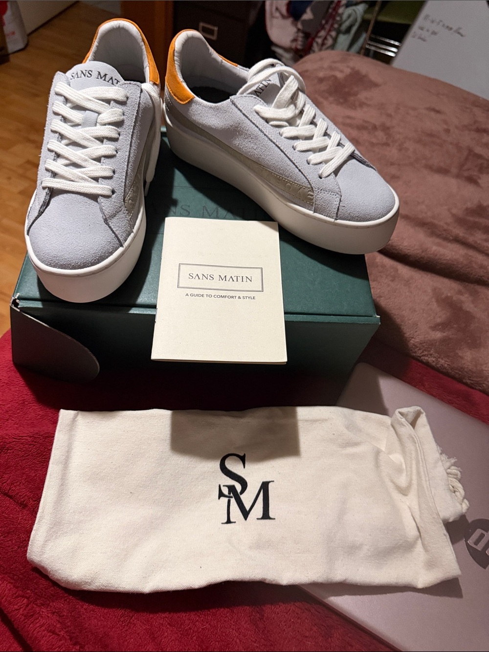 Sam Edelman Light Gray Suede Sneakers with Orange Heel Accent